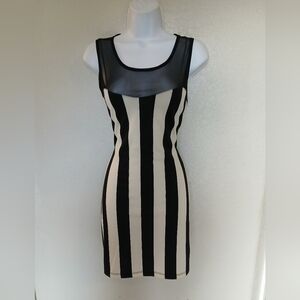 💚5/$25 ESTAM Black & White Sheer Mesh Striped Sleeveless Bodycon Mini Dress